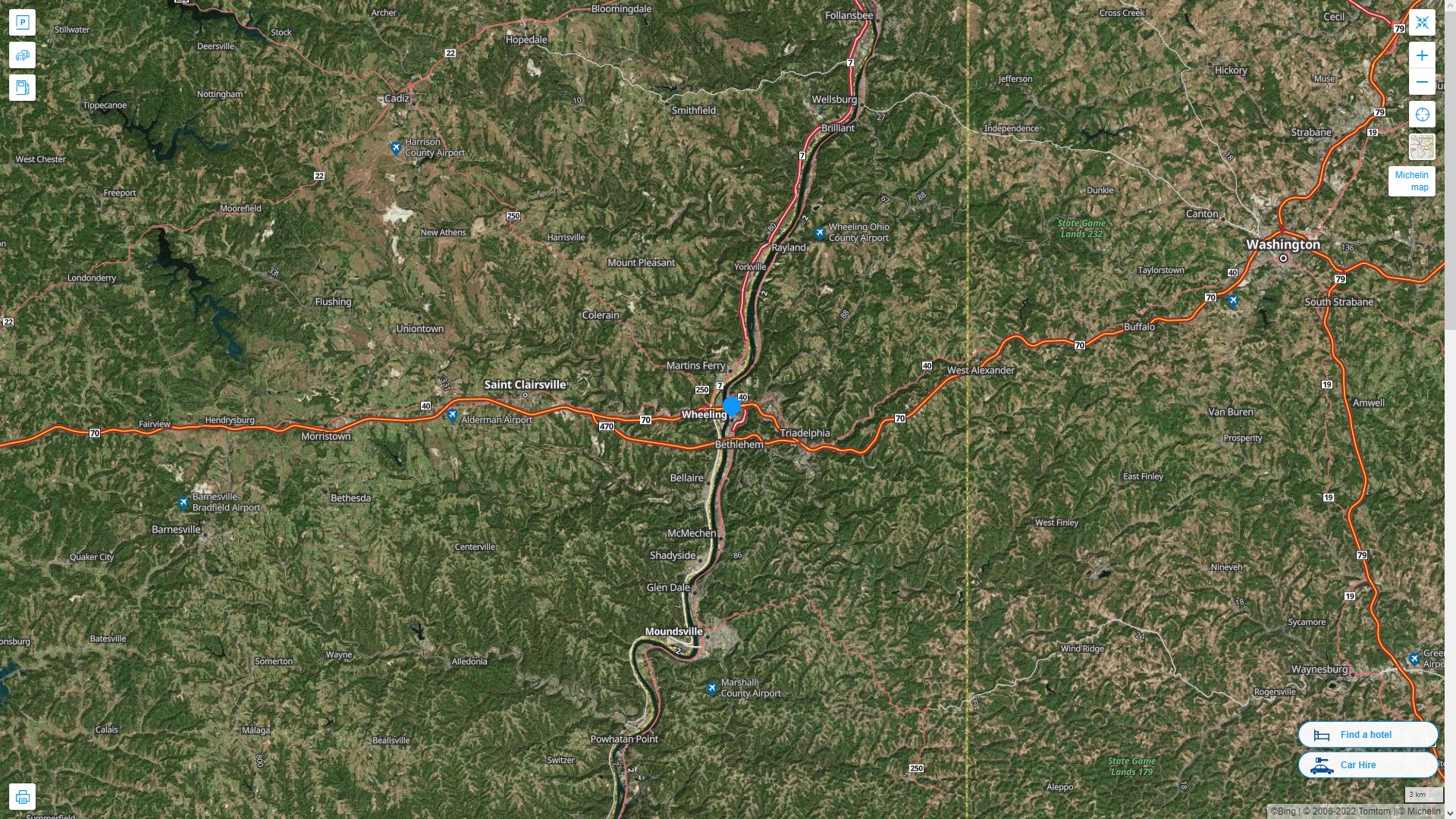 Wheeling West Virginia Highway and Road Map with Satellite View